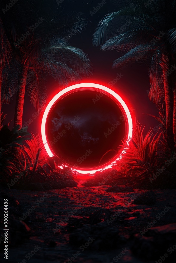 Poster a captivating red circular light glows amidst lush palm trees in a mysterious, dark environment, cre
