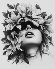 A captivating black and white portrait of a woman with floral elements, showcasing beauty, elegance, and artistic expression.