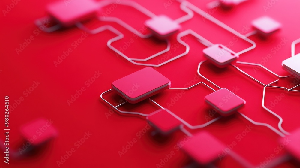 Poster a close-up view of abstract circuit design with pink elements on a vibrant red background, showcasin