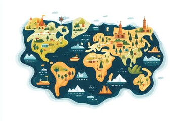 A colorful illustrated map of the world showcasing various landmarks, landscapes, and vibrant elements for adventure.