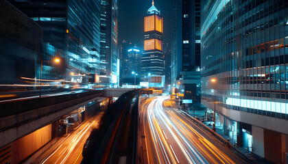 Fototapeta premium A bustling city at night, with skyscrapers illuminated and traffic creating streaks of light