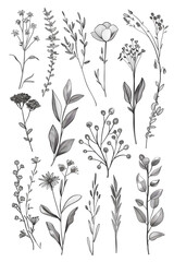  Exquisite hand-drawn botanical floral elements in line art and silhouette style