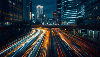Obraz premium A bustling city at night, with skyscrapers illuminated and traffic creating streaks of light