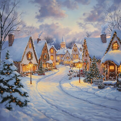 Fototapeta premium Christmas town, glowing colors and soft light from festive decorations, fairy tale-like streets covered in snow, warm lights glowing from cottages, magical winter atmosphere, dreamy and festive