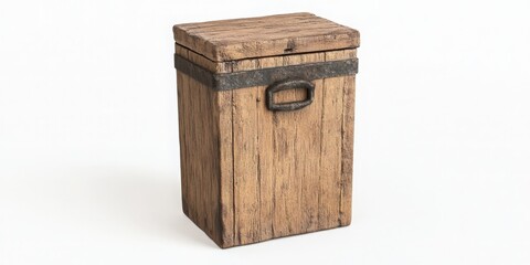 A rustic wooden box with a metal handle, perfect for storage or as a decorative piece in home decor.