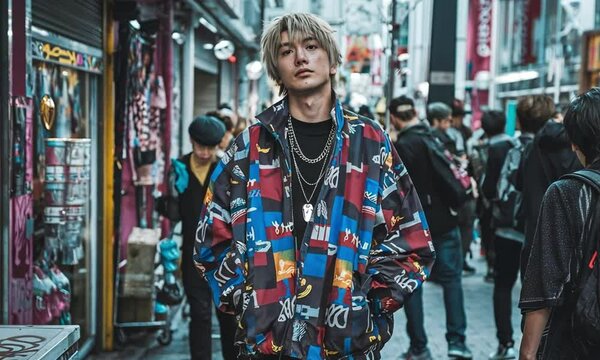 A young Japanese fashion enthusiast in Harajuku, wearing a mix of streetwear against a backdrop of colorful shops, graffiti and crowds. The atmosphere is lively and bold. 