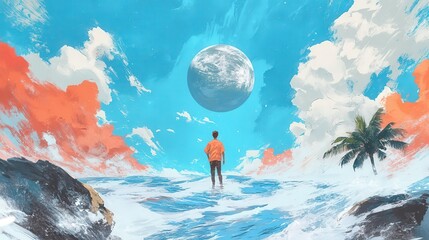 A serene landscape featuring a lone figure by the ocean, with vibrant clouds and a distant moon, evoking feelings of solitude and wonder.