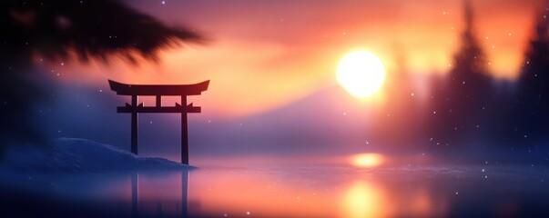 A serene sunset over a tranquil lake with a traditional torii gate, surrounded by misty mountains and vibrant colors.