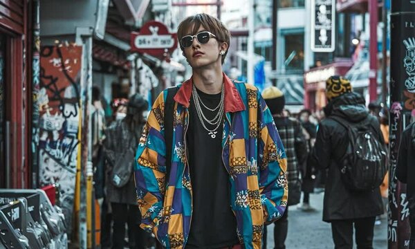 A young Japanese fashion enthusiast in Harajuku, wearing a mix of streetwear against a backdrop of colorful shops, graffiti and crowds. The atmosphere is lively and bold. 