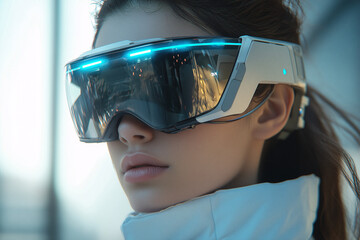 A woman wearing VR glasses, VR Glass industrial design angular body frame