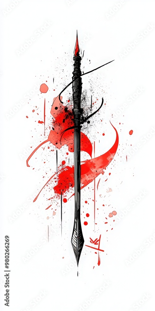 Poster a striking spear design featuring bold red splashes and intricate patterns, perfect for artistic the