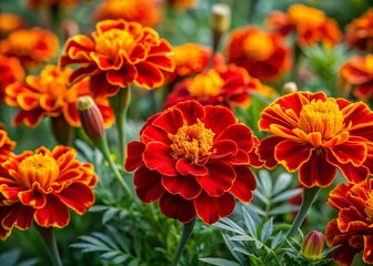 Vibrant orange and red flowers, including Tagetes patula, blossom in the garden, showcasing intricate petals and delicate textures in a stunning close-up display.