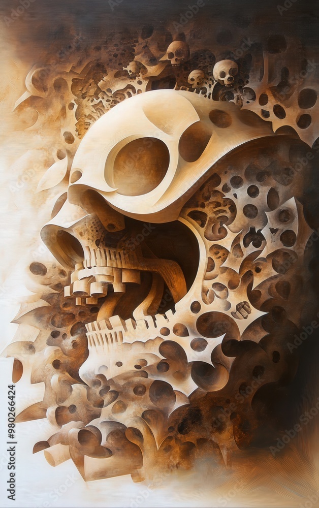 Poster a surreal skull artwork blending detailed bone structures with abstract elements, evoking themes of 