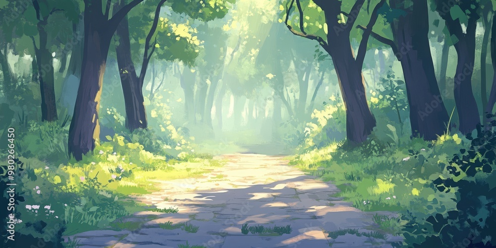 Poster a tranquil forest path bathed in soft sunlight, surrounded by verdant trees and lush greenery, invit