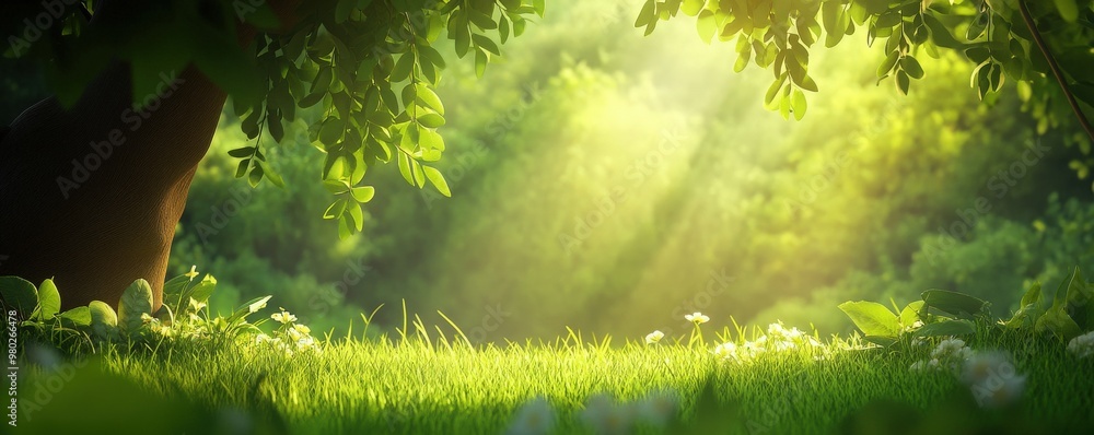 Poster a tranquil forest scene with vibrant greenery and warm sunlight filtering through the leaves, creati