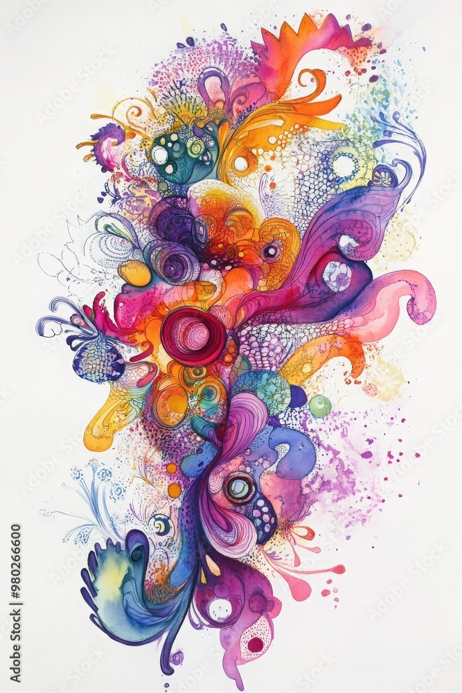 Poster a vibrant and colorful abstract artwork featuring swirling patterns and playful shapes in various hu