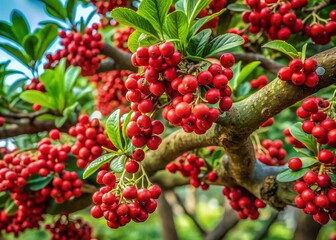 Obraz premium Vibrant red berries adorn the twisted, gnarled branches of a strong, healthy tree, its lush foliage in full bloom, radiating vitality and natural beauty.