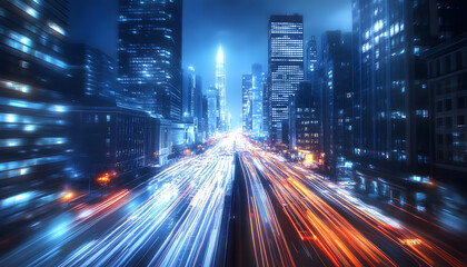 Fototapeta premium A bustling city at night, with skyscrapers illuminated and traffic creating streaks of light