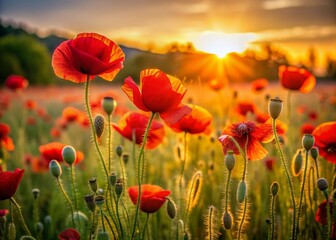 Obraz premium Vibrant red poppy blooms sway gently in a serene summer field at sunset, bathed in warm golden light, surrounded by lush greenery and soft focus background.