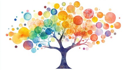 A vibrant watercolor tree with colorful circular leaves, symbolizing growth, creativity, and nature's beauty.