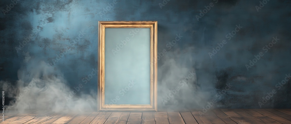 Poster a wooden frame stands in a misty room, creating an atmosphere of mystery and intrigue with a blend o