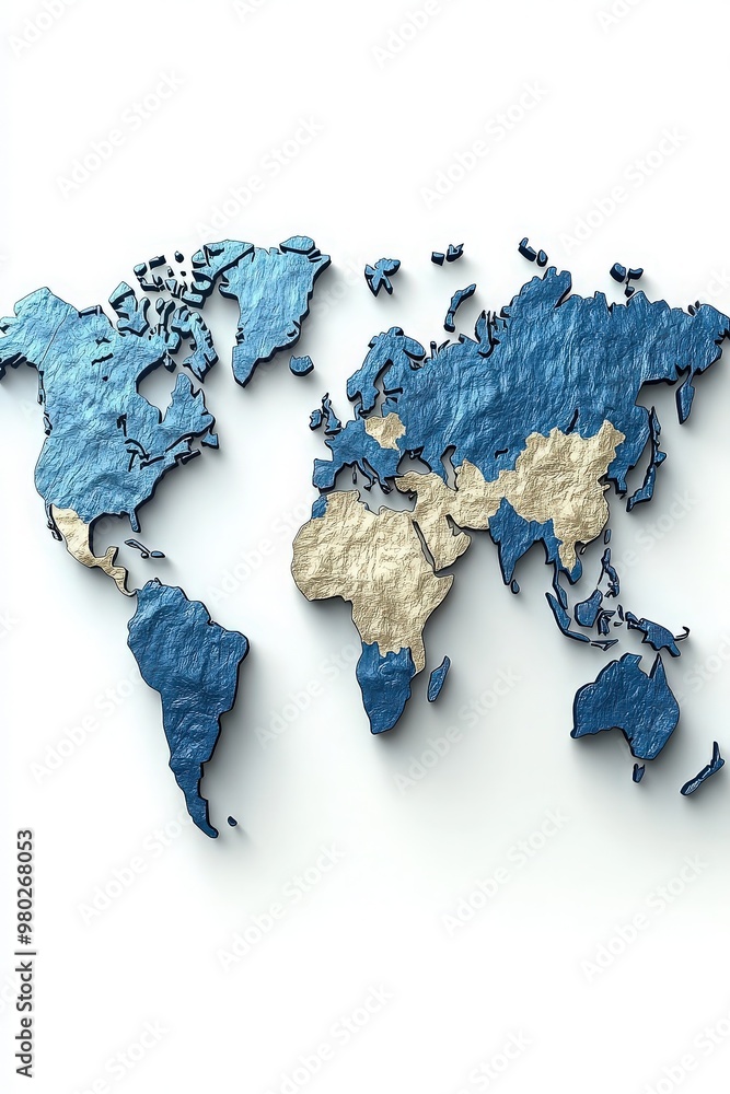 Poster artistic representation of a world map with textured blue and beige elements, ideal for global theme