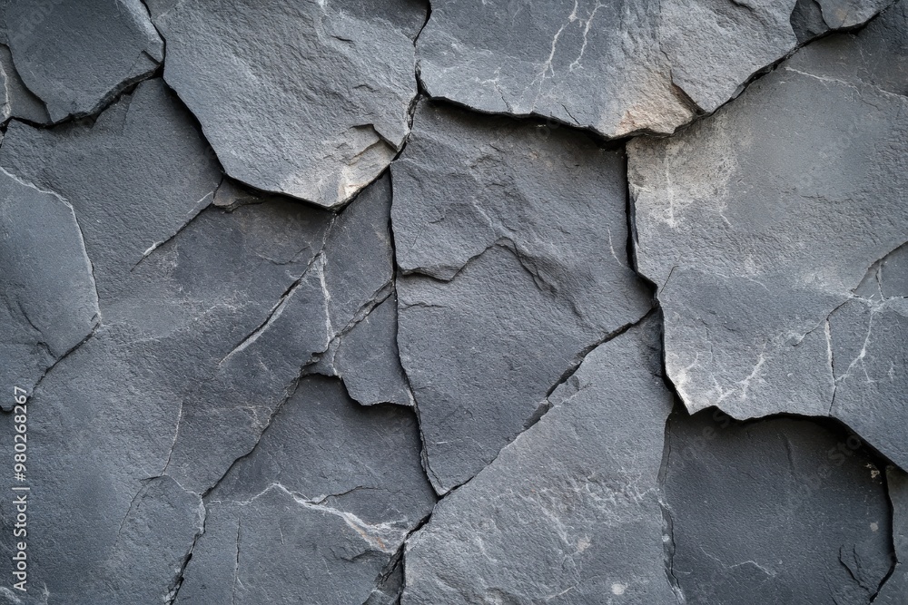 Poster close-up of a textured gray slate rock surface, showcasing its unique shapes and natural patterns, p
