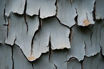 Obraz premium Close-up of peeling paint on wood, showcasing intricate textures and weathered patterns for a rustic aesthetic.