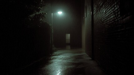 Mysterious nighttime alleyway with flickering streetlights for posters or cards