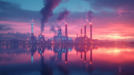 Naklejka premium Industrial Refinery at Sunset with Reflections – Generative AI