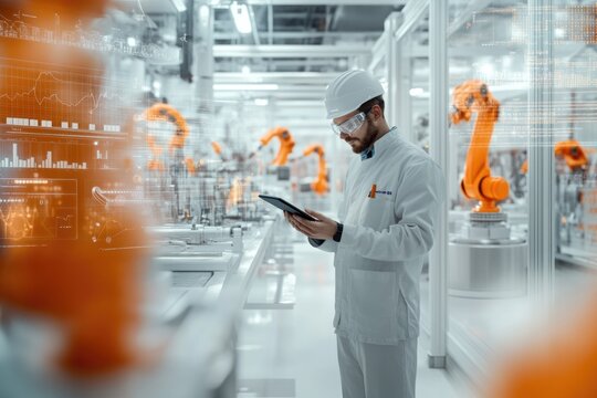 Very realistic and photographic photo of an engineer with a tablet in a sleek, high-tech factory, surrounded by futuristic holographic displays showing detailed automation graphs and charts. The