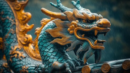 Fototapeta premium Close-Up of a Fierce Dragon Statue in the Rain Generative AI