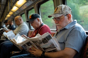 Morning train ride with commuters reading newspapers, Monday morning, daily routine