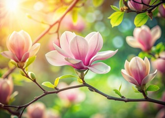 Soft focus pastel bokeh background highlights delicate pink petals of blooming magnolia tree in...