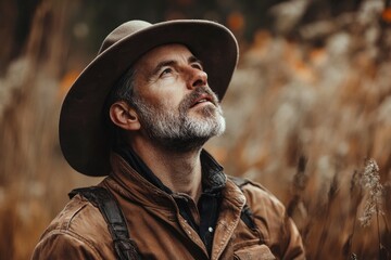 Obraz premium man with hat in nature brown clothes, adventures orgues with generative ai
