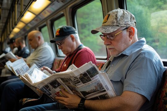 Morning train ride with commuters reading newspapers, Monday morning, daily routine