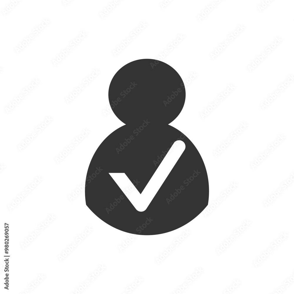 Poster User Checkmark Icon for Profile Verification. black and white icon featuring a person silhouette with a checkmark, symbolizing user verification or approval in digital platforms.