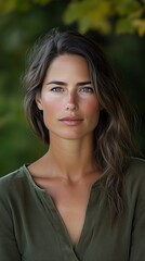 Naklejka premium Portrait of a thoughtful woman in green with nature background for print or poster