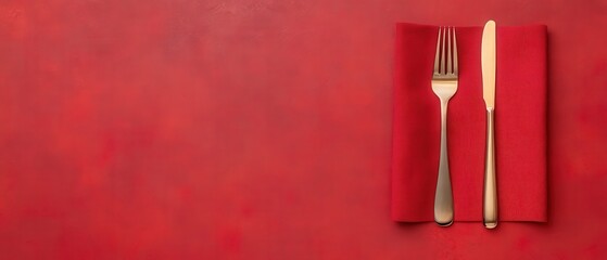 Elegant table setting featuring a knife and fork on a vibrant red background, perfect for dining concepts and culinary themes.
