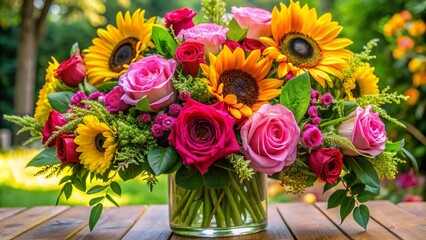Vibrant pink roses, sunflowers, and lush greenery are artfully arranged in a stunning bouquet, beautifully decorating a table with a pop of colorful elegance.