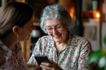 Senior woman learning to use a smartphone to send text messages and make video calls, with an instructor nearby