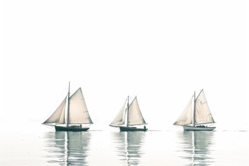 Fototapeta premium Serene depiction of sailboats on water under soft gray skies