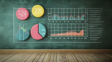 A 2D illustration featuring educational charts and graphs on a chalkboard, hyper-realistic, sharp images, high quality