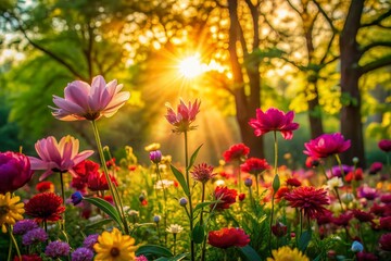 Obraz premium Vibrant floral blooms, lush greenery, and warm sunlight surround abstract silhouettes, evoking feelings of hope and renewal on a serene spring day in nature.