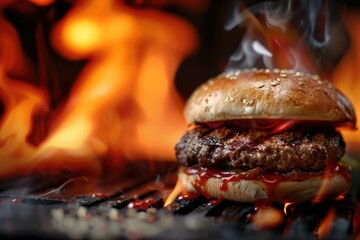 A sizzling burger with grill marks, surrounded by flames in a dramatic close-up shot