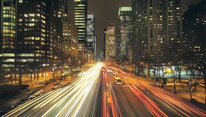 Obraz premium A bustling city at night, with skyscrapers illuminated and traffic creating streaks of light
