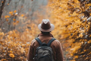 man with hat in nature brown clothes, adventures orgues with generative ai
