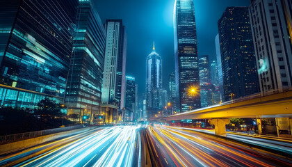 Fototapeta premium A bustling city at night, with skyscrapers illuminated and traffic creating streaks of light