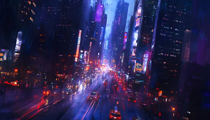 Fototapeta premium A bustling city at night, with skyscrapers illuminated and traffic creating streaks of light