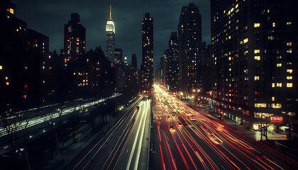 Fototapeta premium A bustling city at night, with skyscrapers illuminated and traffic creating streaks of light